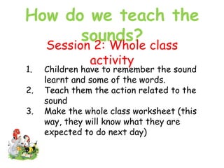 How do we teach the
sounds?
Session 2: Whole class
activity
1. Children have to remember the sound
learnt and some of the words.
2. Teach them the action related to the
sound
3. Make the whole class worksheet (this
way, they will know what they are
expected to do next day)
 