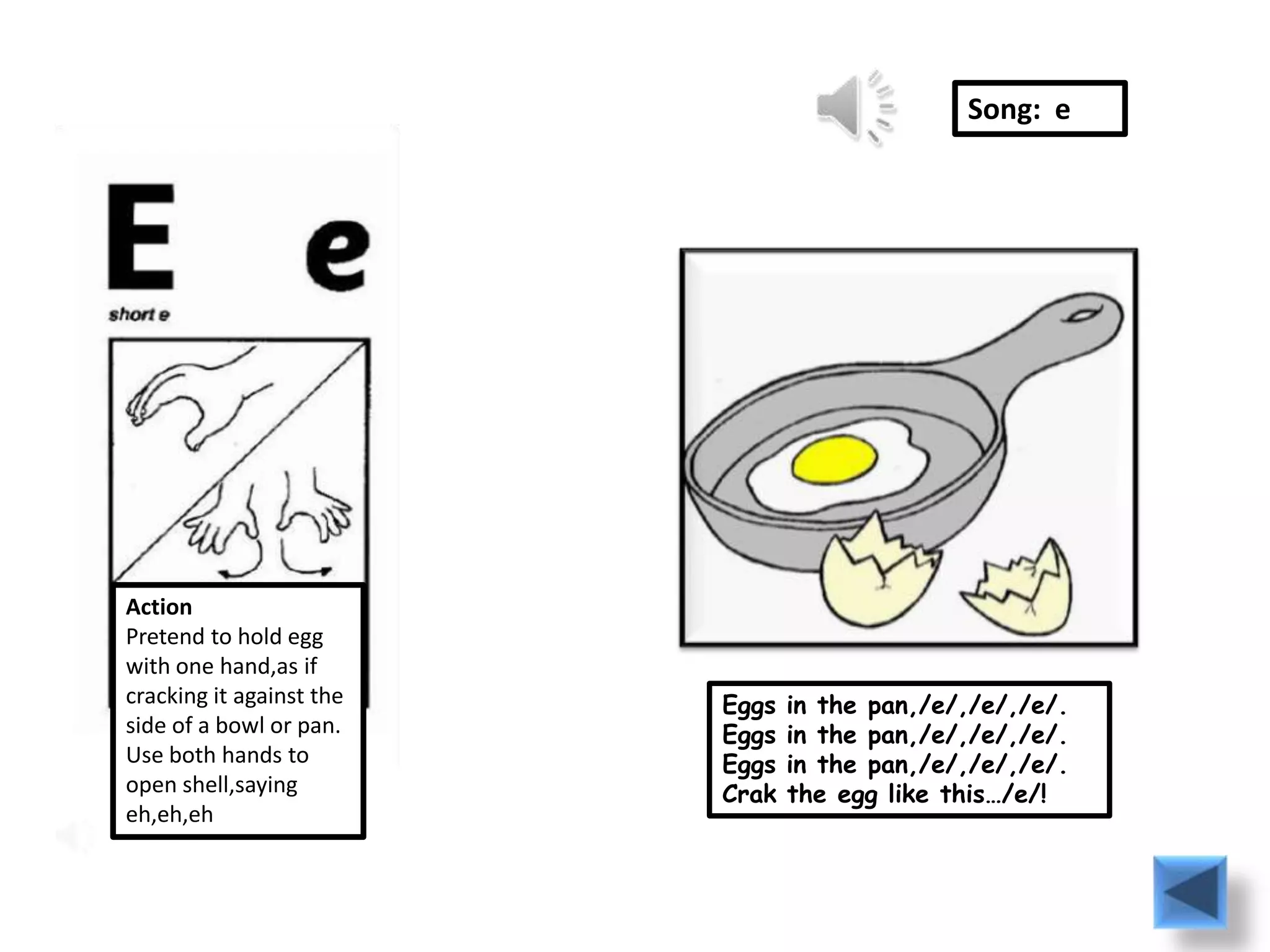 Song: e




Action
Pretend to hold egg
with one hand,as if
cracking it against the   Eggs   in the pan,/e/,/e/,/e/.
side of a bowl or pan.    Eggs   in the pan,/e/,/e/,/e/.
Use both hands to         Eggs   in the pan,/e/,/e/,/e/.
open shell,saying         Crak   the egg like this…/e/!
eh,eh,eh
 