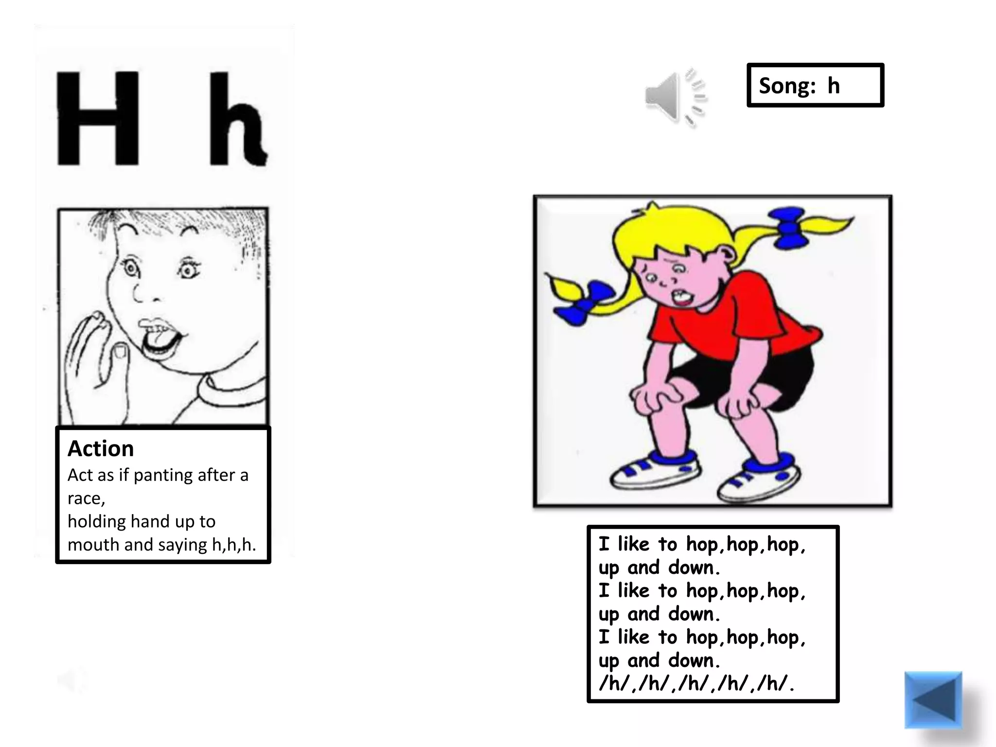 Song: h




Action
Act as if panting after a
race,
holding hand up to
mouth and saying h,h,h.     I like to hop,hop,hop,
                            up and down.
                            I like to hop,hop,hop,
                            up and down.
                            I like to hop,hop,hop,
                            up and down.
                            /h/,/h/,/h/,/h/,/h/.
 