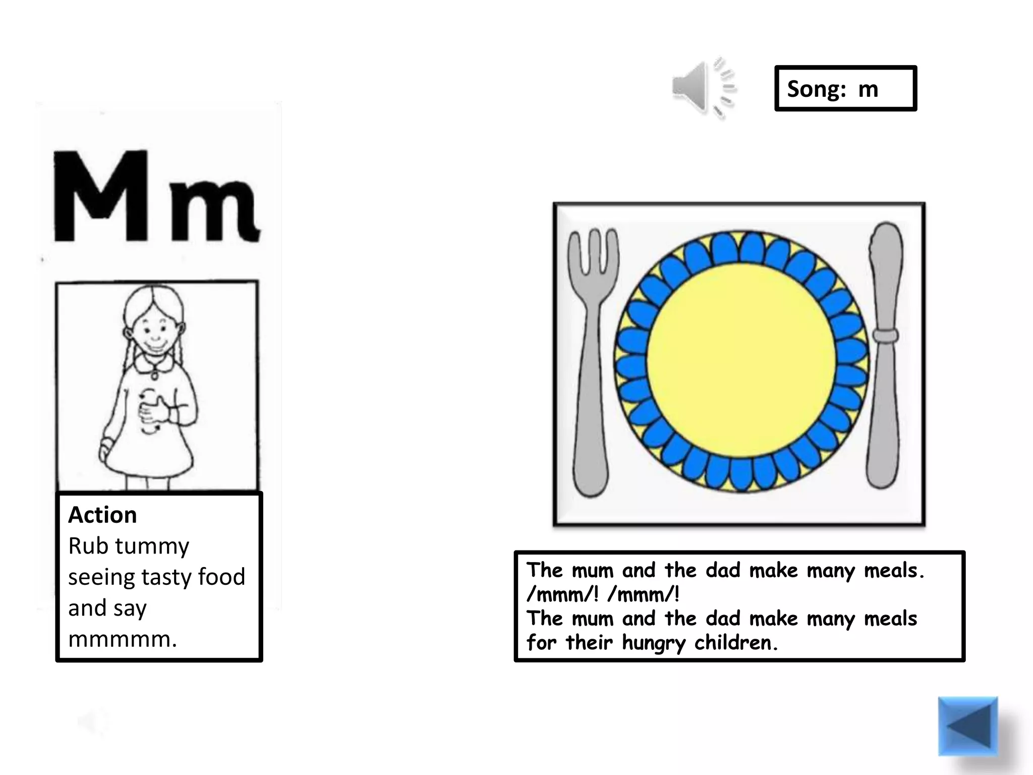 Song: m




Action
Rub tummy
seeing tasty food   The mum and the dad make many meals.
                    /mmm/! /mmm/!
and say             The mum and the dad make many meals
mmmmm.              for their hungry children.
 