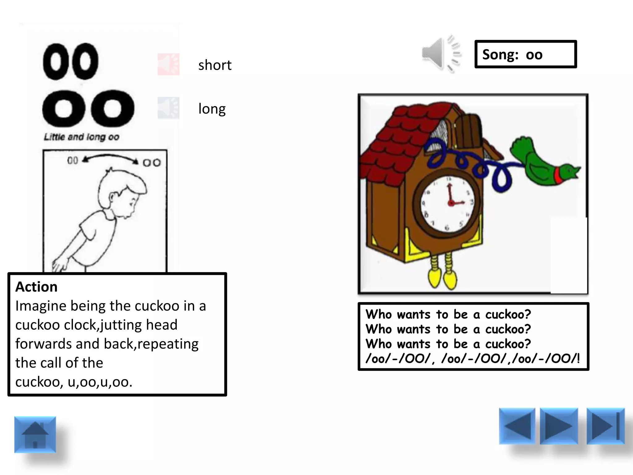 Song: oo
                           short

                           long




Action
Imagine being the cuckoo in a      Who wants to be a cuckoo?
cuckoo clock,jutting head          Who wants to be a cuckoo?
forwards and back,repeating        Who wants to be a cuckoo?
the call of the                    /oo/-/OO/, /oo/-/OO/,/oo/-/OO/!
cuckoo, u,oo,u,oo.
 