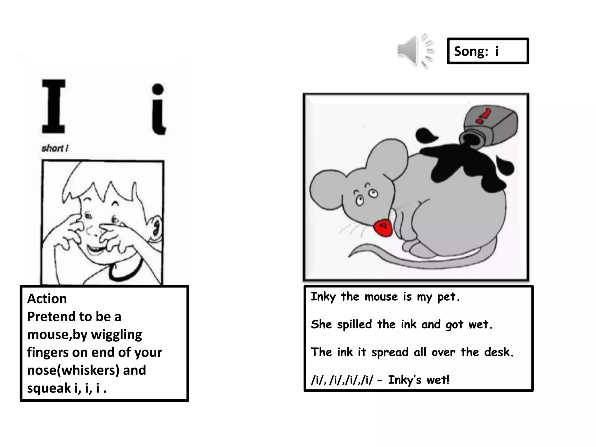 Song: i




Action                   Inky the mouse is my pet.
Pretend to be a          She spilled the ink and got wet.
mouse,by wiggling
fingers on end of your   The ink it spread all over the desk.
nose(whiskers) and
                         /i/, /i/,/i/,/i/ - Inky’s wet!
squeak i, i, i .
 