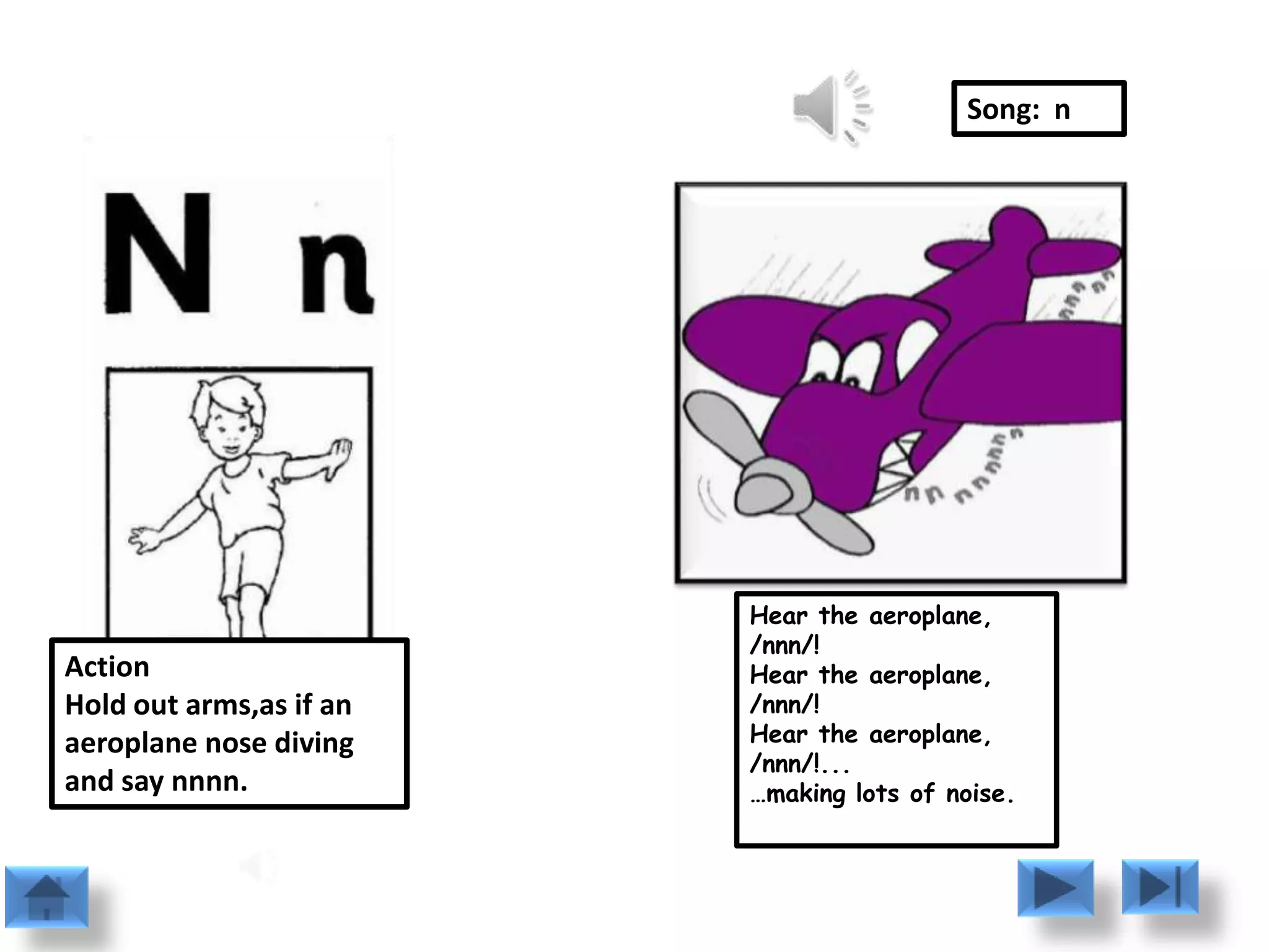 Song: n




                         Hear the aeroplane,
                         /nnn/!
Action                   Hear the aeroplane,
Hold out arms,as if an   /nnn/!
aeroplane nose diving    Hear the aeroplane,
                         /nnn/!...
and say nnnn.            …making lots of noise.
 
