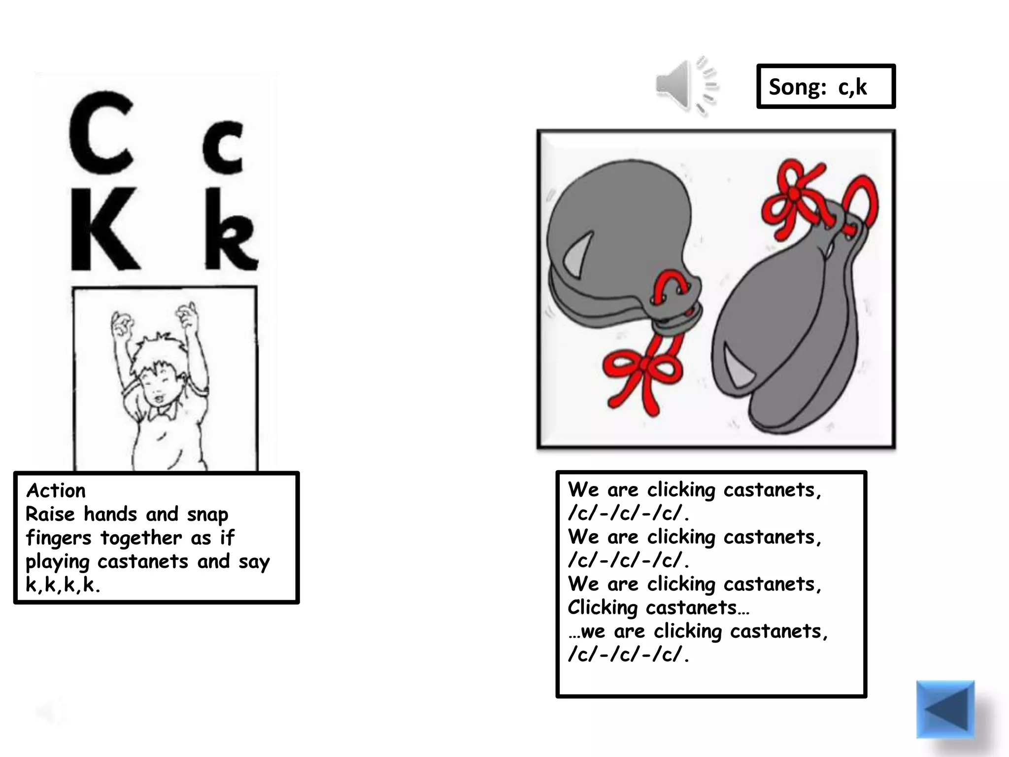 Song: c,k




Action                      We are clicking castanets,
Raise hands and snap        /c/-/c/-/c/.
fingers together as if      We are clicking castanets,
playing castanets and say   /c/-/c/-/c/.
k,k,k,k.                    We are clicking castanets,
                            Clicking castanets…
                            …we are clicking castanets,
                            /c/-/c/-/c/.
 