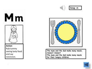 Song: m




Action
Rub tummy
seeing tasty food   The mum and the dad make many meals.
                    /mmm/! /mmm/!
and say             The mum and the dad make many meals
mmmmm.              for their hungry children.
 
