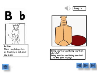 Song: b




Action
Place hands together
                           Bring your bat and bring your ball.
as if batting a ball,and   /b/-/b/!
say b,b,b.                 Bring your bat and bring your ball…
                           … to the park to play!
 
