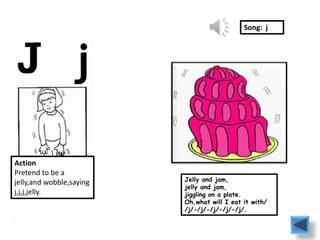 Song: j




Action
Pretend to be a
jelly,and wobble,saying   Jelly and jam,
                          jelly and jam,
j,j,j,jelly.              jiggling on a plate.
                          Oh,what will I eat it with/
                          /j/-/j/-/j/-/j/-/j/.
 