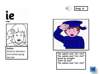 Song: ie




Action
Stand to attention
and salute,saying    The captain said,”/ie/-/ie/!”
                     The captain said,”/ie/-/ie/!”
aye,aye.             Stand up straight!
                     “Don’t be late!”
                     The captain said,”/ie/-/ie/!”
 