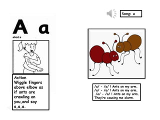 Song: a




Action
Wiggle fingers
above elbow as   /a/ - /a/ ! Ants on my arm.
                 /a/ - /a/ ! Ants on my arm.
if ants are       /a/ - /a/ ! Ants on my arm.
crawling on      They’re causing me alarm.
you,and say
a,a,a.
 