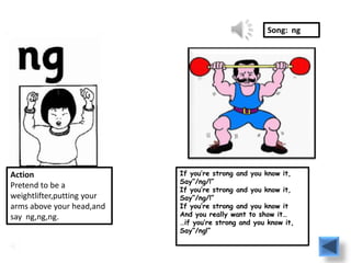 Song: ng




Action                      If you’re strong and you know it,
                            Say”/ng/!”
Pretend to be a             If you’re strong and you know it,
weightlifter,putting your   Say”/ng/!”
arms above your head,and    If you’re strong and you know it
say ng,ng,ng.               And you really want to show it…
                            …if you’re strong and you know it,
                            Say”/ng!”
 