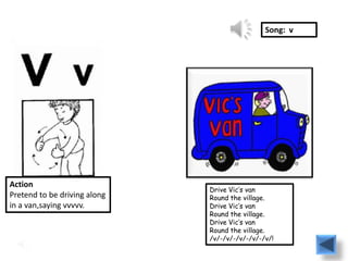 Song: v




Action
                              Drive Vic’s van
Pretend to be driving along   Round the village.
in a van,saying vvvvv.        Drive Vic’s van
                              Round the village.
                              Drive Vic’s van
                              Round the village.
                              /v/-/v/-/v/-/v/-/v/!
 