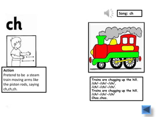 Song: ch




Action
Pretend to be a steam
train moving arms like    Trains are chugging up the hill.
the piston rods, saying   /ch/-/ch/-/ch/,
                          /ch/-/ch/-/ch/.
ch,ch,ch.                 Trains are chugging up the hill.
                          /ch/-/ch/-/ch/
                          Choo.choo.
 