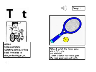Song: t




Action
Children imitate
                           When I watch the tennis game,
watching tennis,turning
                           /t/ - /t/ - /t/,
head from side to          /t/ -/t/-/t/…
side,and saying t,t,t,t.   …when I watch the tennis game
                           My head goes back and forth.
 