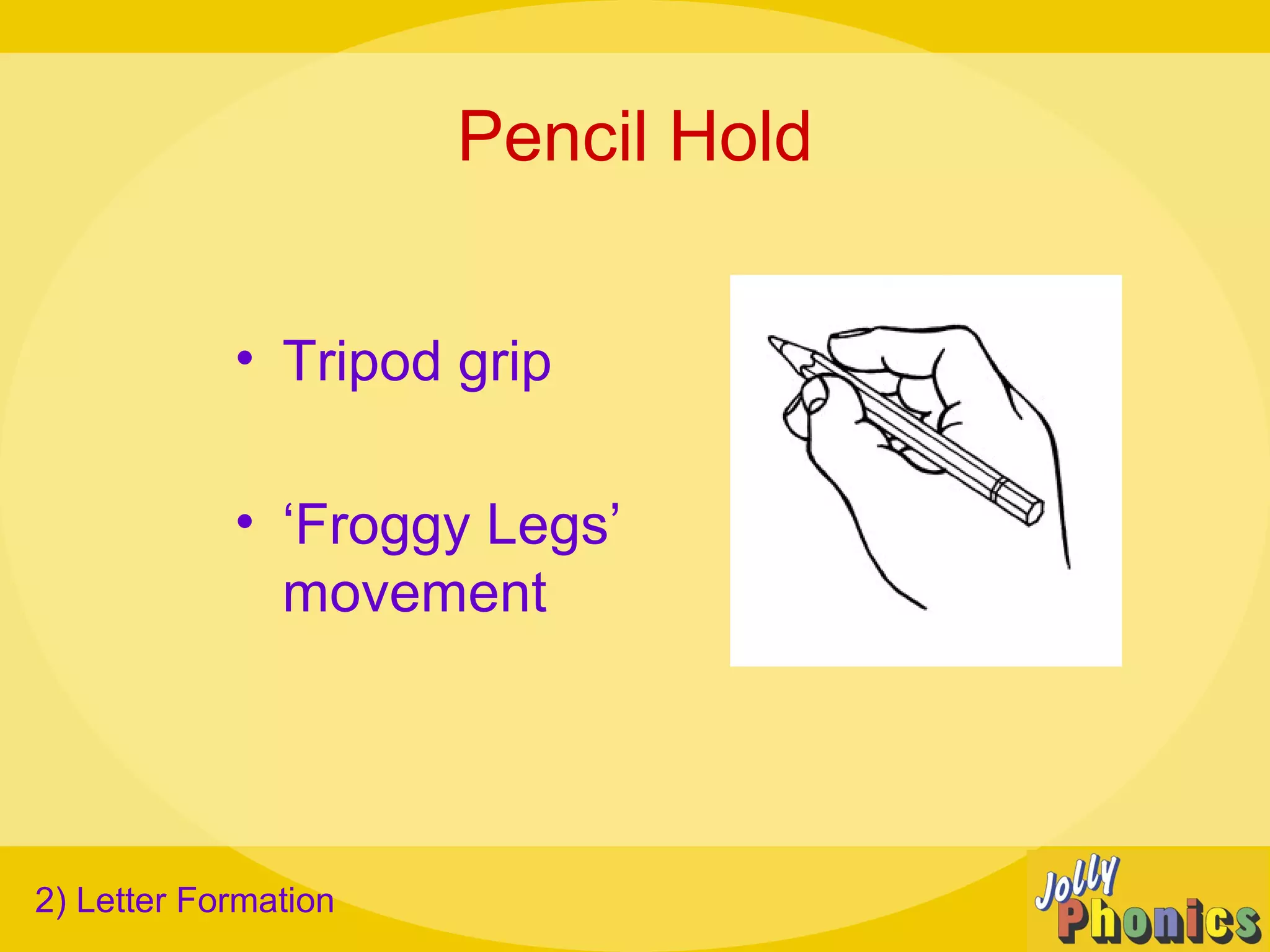 Pencil Hold
• Tripod grip
• ‘Froggy Legs’
movement
2) Letter Formation
 