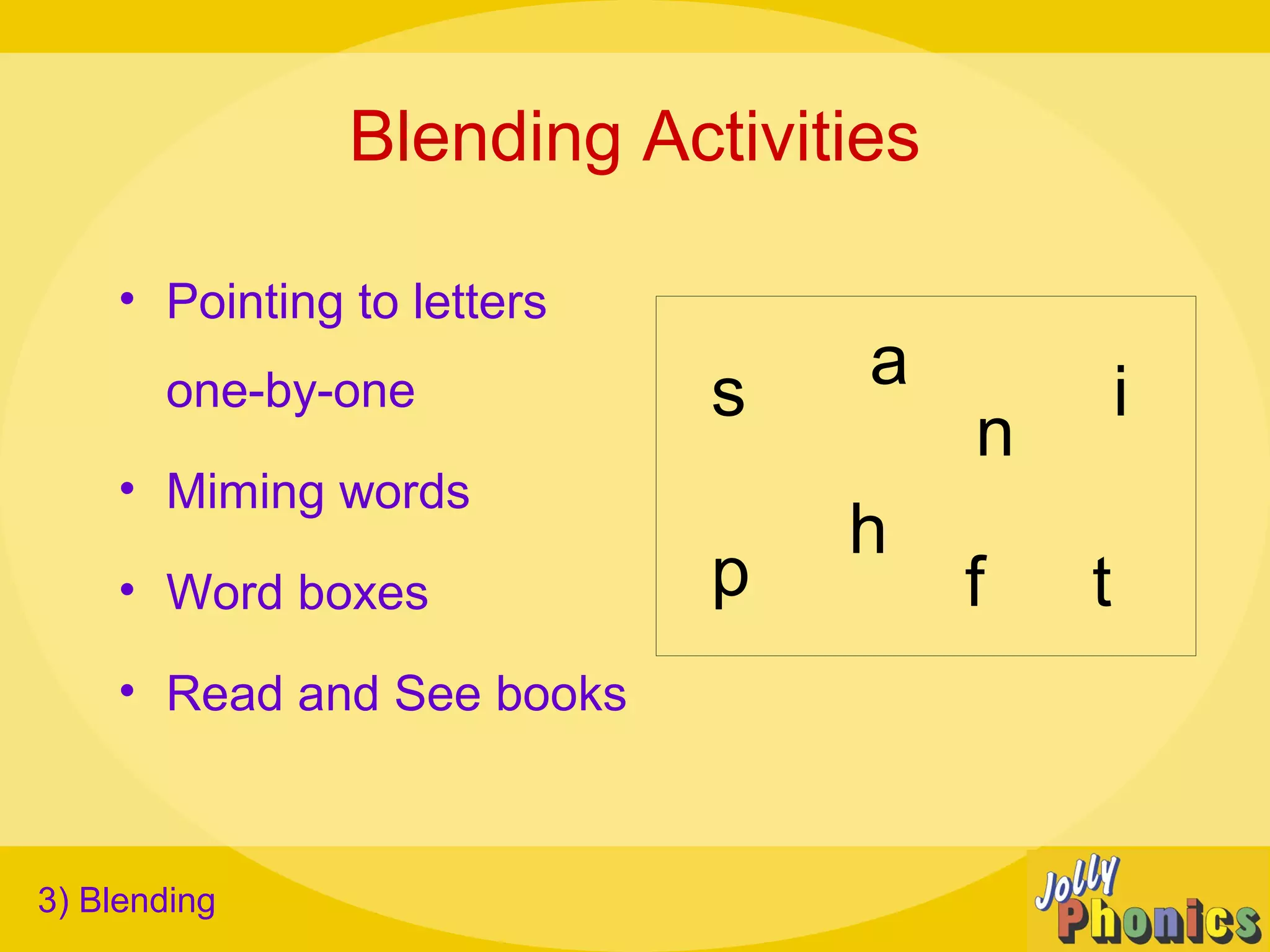 Blending Activities
• Pointing to letters
one-by-one
• Miming words
• Word boxes
• Read and See books
3) Blending
s a
p f t
i
h
n
 