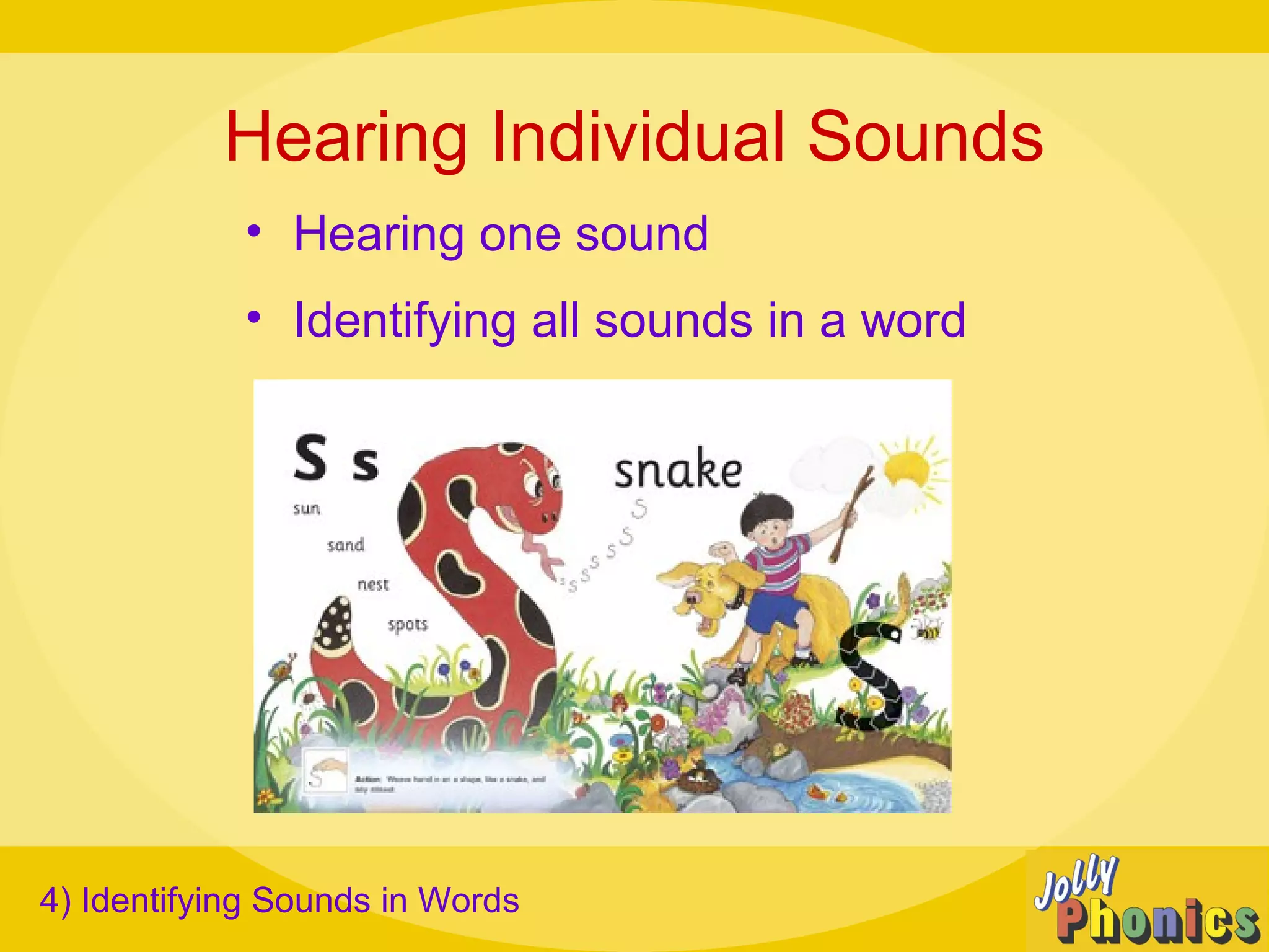 Hearing Individual Sounds
• Hearing one sound
• Identifying all sounds in a word
4) Identifying Sounds in Words
 