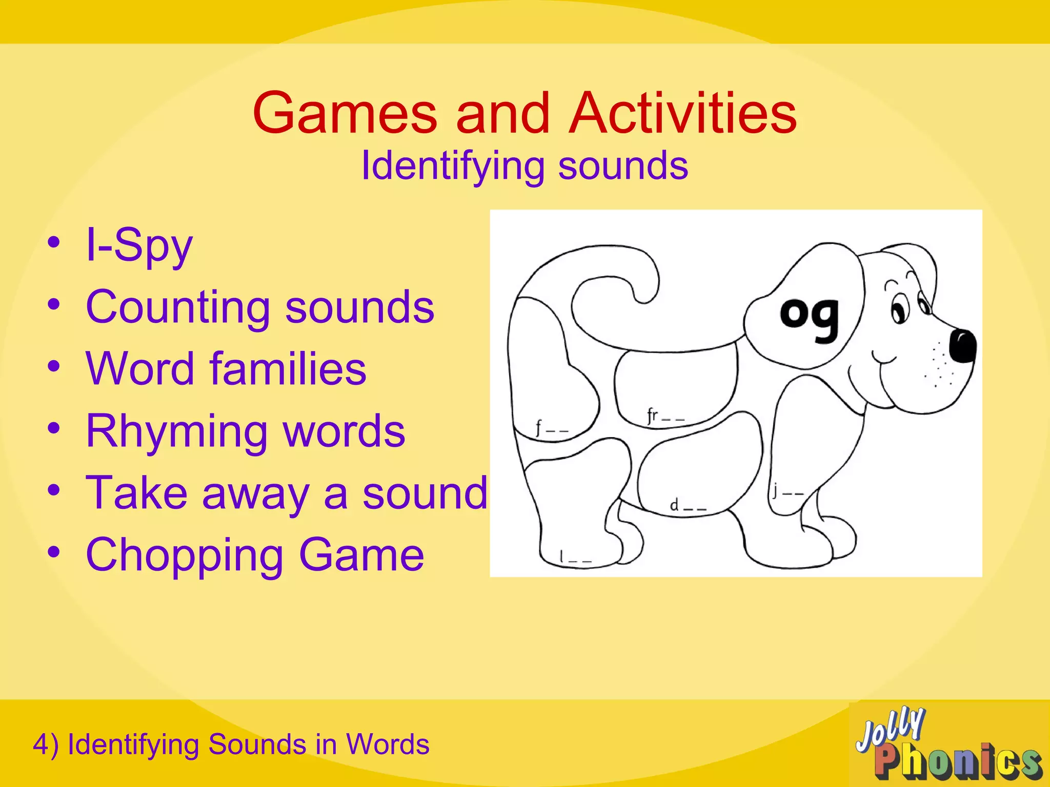 Games and Activities
• I-Spy
• Counting sounds
• Word families
• Rhyming words
• Take away a sound
• Chopping Game
4) Identifying Sounds in Words
Identifying sounds
 