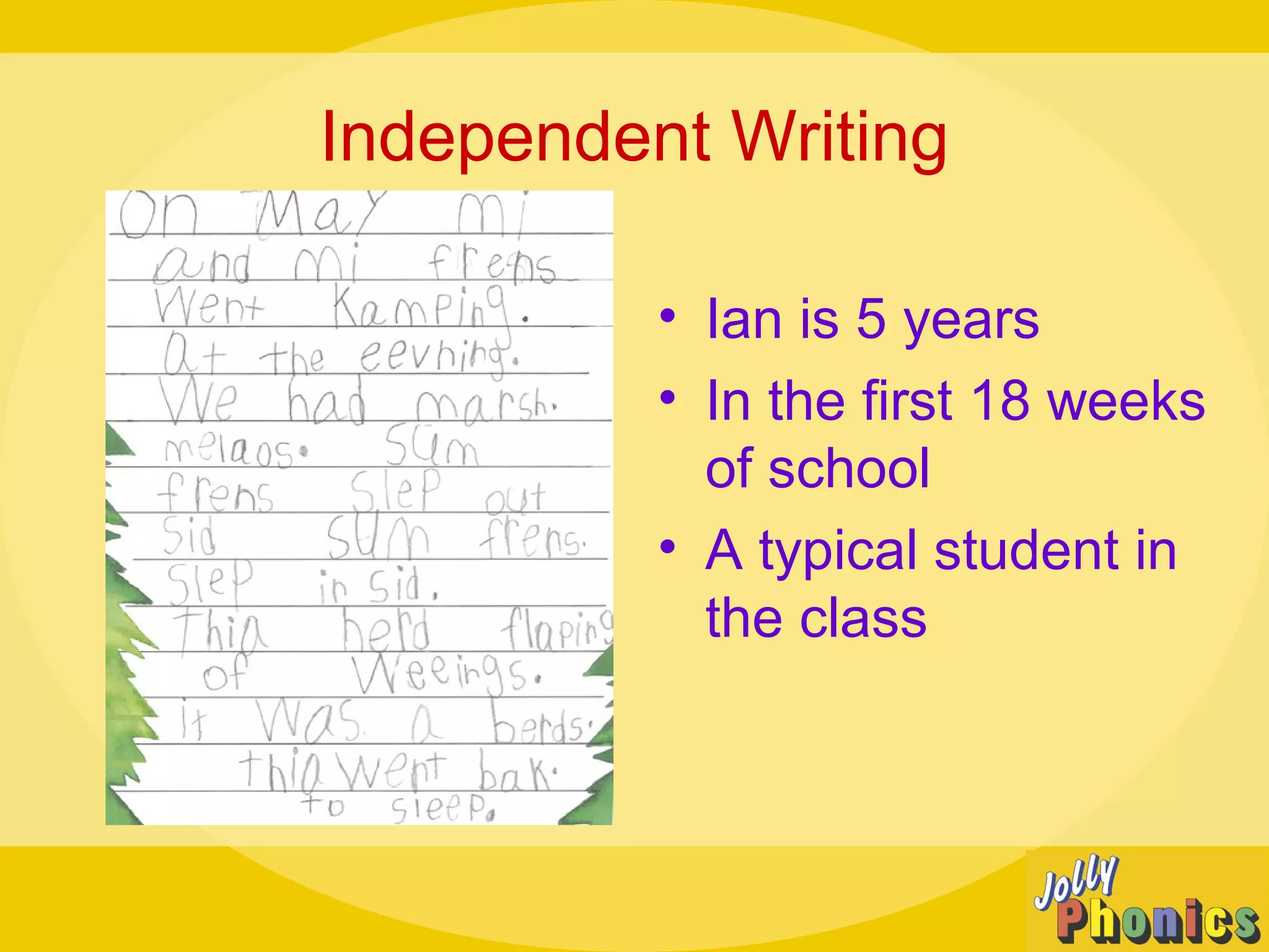 Independent Writing
• Ian is 5 years
• In the first 18 weeks
of school
• A typical student in
the class
 