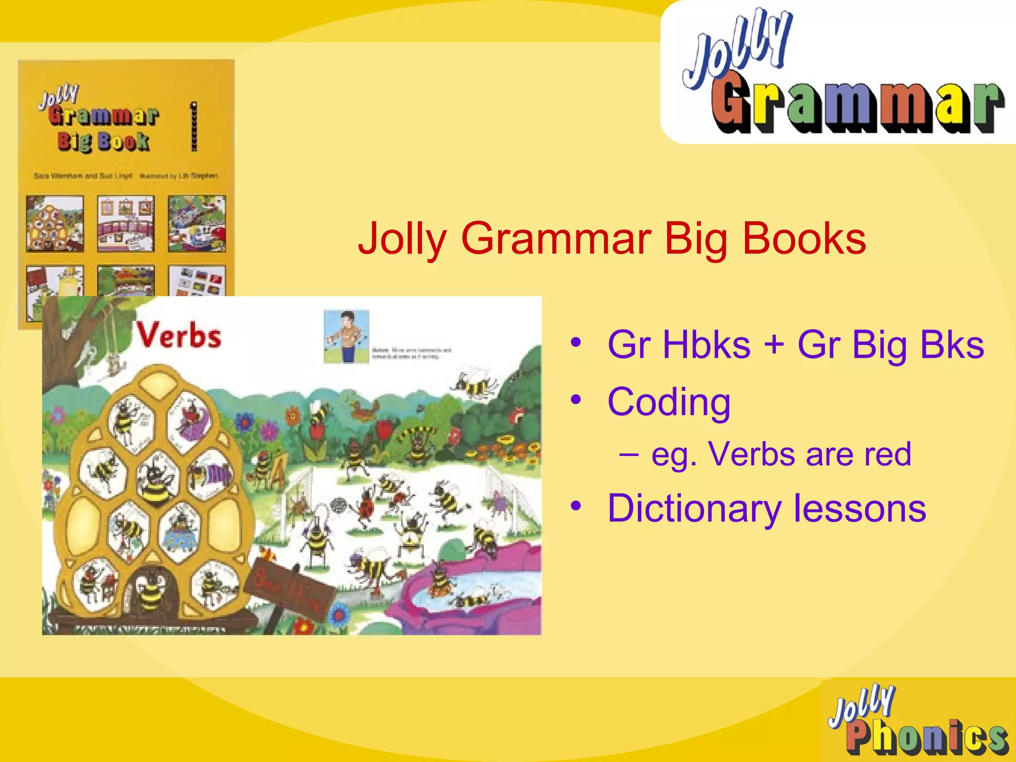 • Gr Hbks + Gr Big Bks
• Coding
– eg. Verbs are red
• Dictionary lessons
Jolly Grammar Big Books
 