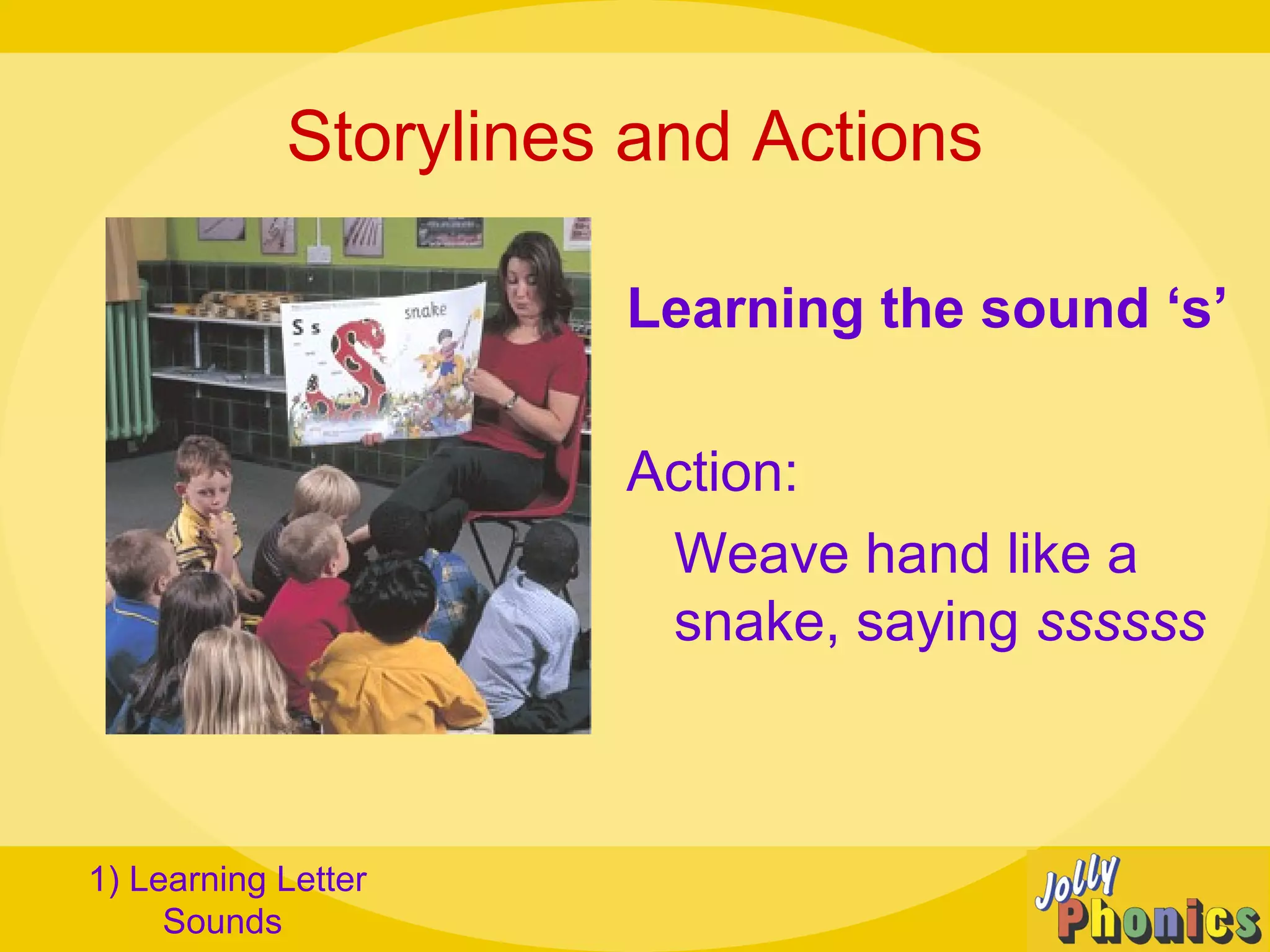 Storylines and Actions
Learning the sound ‘s’
Action:
Weave hand like a
snake, saying ssssss
1) Learning Letter
Sounds
 
