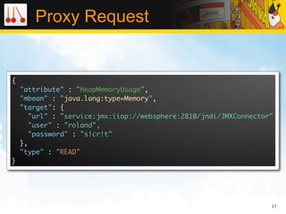 Proxy Request


{
    "attribute" : "HeapMemoryUsage",
    "mbean" : "java.lang:type=Memory",
    "target": {
       "url" : "service:jmx:iiop://websphere:2810/jndi/JMXConnector"
       "user" : "roland",
       "password" : "s!cr!t"
    },
    "type" : "READ"
}




                                                                   17
 