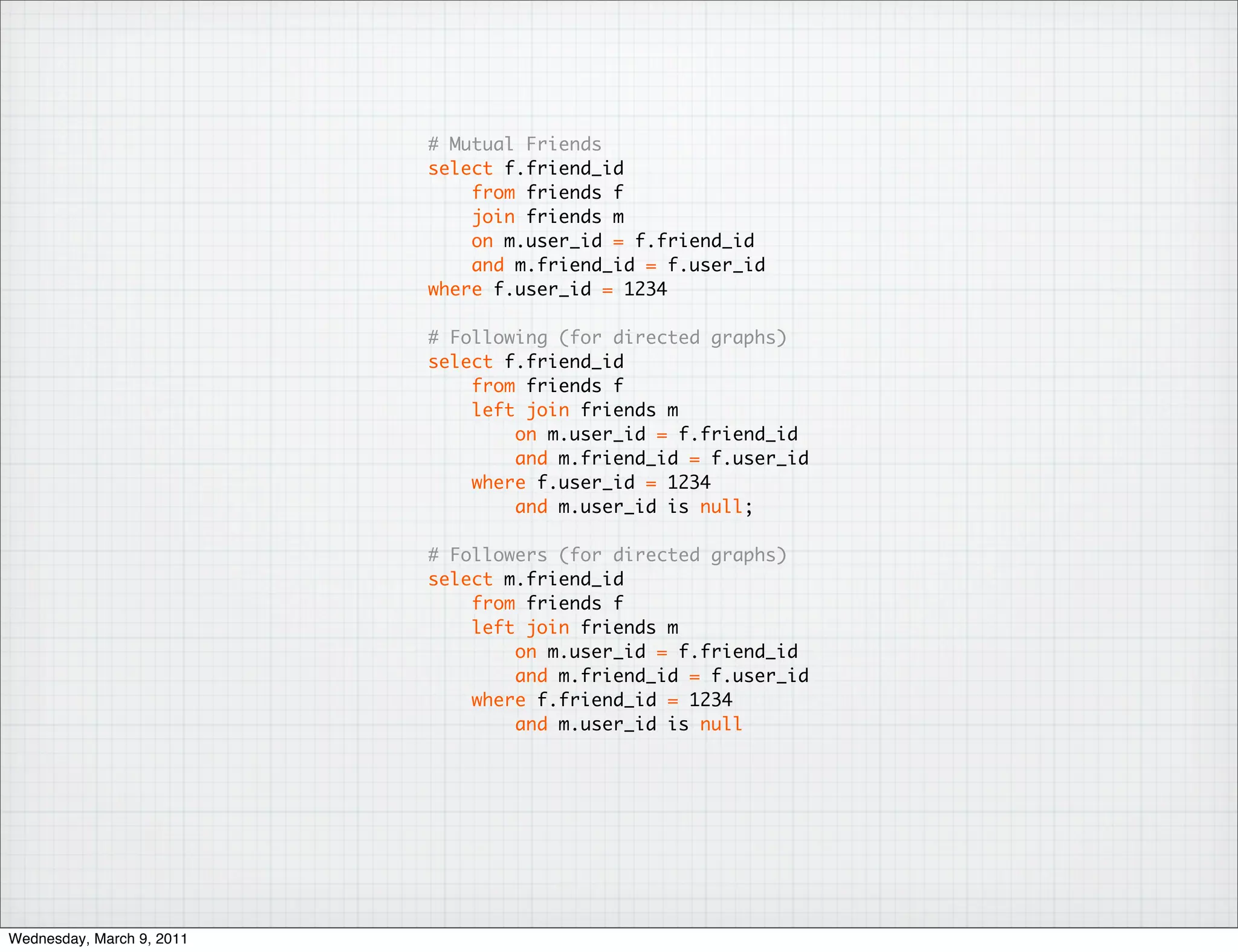 # Mutual Friends
                           select f.friend_id
                               from friends f
                               join friends m
                               on m.user_id = f.friend_id
                               and m.friend_id = f.user_id
                           where f.user_id = 1234

                           # Following (for directed graphs)
                           select f.friend_id
                               from friends f
                               left join friends m
                                   on m.user_id = f.friend_id
                                   and m.friend_id = f.user_id
                               where f.user_id = 1234
                                   and m.user_id is null;

                           # Followers (for directed graphs)
                           select m.friend_id
                               from friends f
                               left join friends m
                                   on m.user_id = f.friend_id
                                   and m.friend_id = f.user_id
                               where f.friend_id = 1234
                                   and m.user_id is null




Wednesday, March 9, 2011
 
