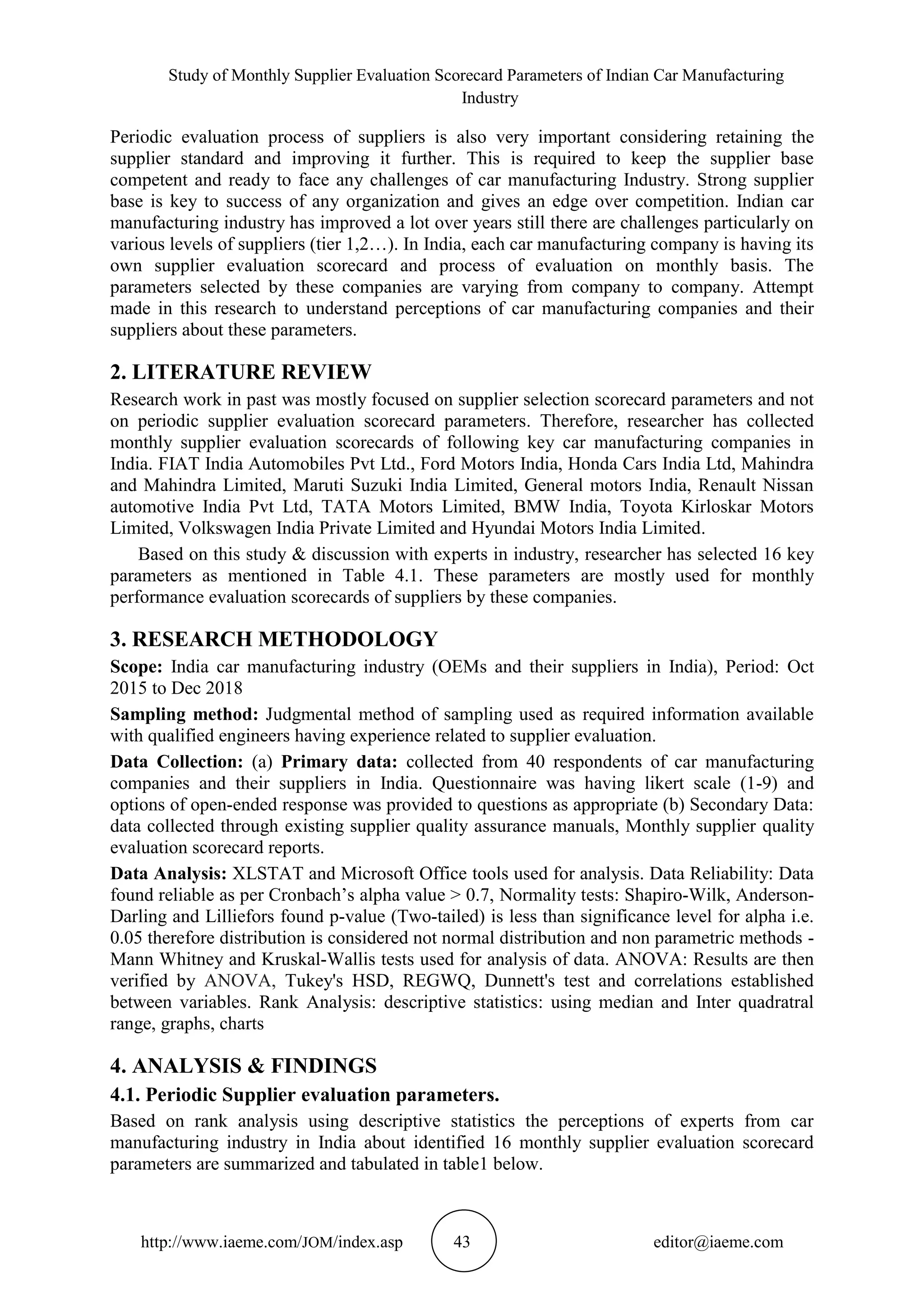 STUDY OF MONTHLY SUPPLIER EVALUATION SCORECARD PARAMETERS OF INDIAN CAR ...