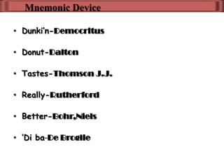 Mnemonic Device

• Dunki’n-Democritus

• Donut-Dalton

• Tastes-Thomson J.J.

• Really-Rutherford

• Better-Bohr,Niels

• ‘Di ba-De Broglie
 