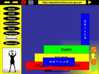 X http/ stepskillcontest.com.gov.ph Home Goals STEP Personnel Theme Introduction Programs Shout out Loading…. S t e p STUDENT TECHNOLOGISTS DepEd SCHOOL S K I L L S S K I L L S 