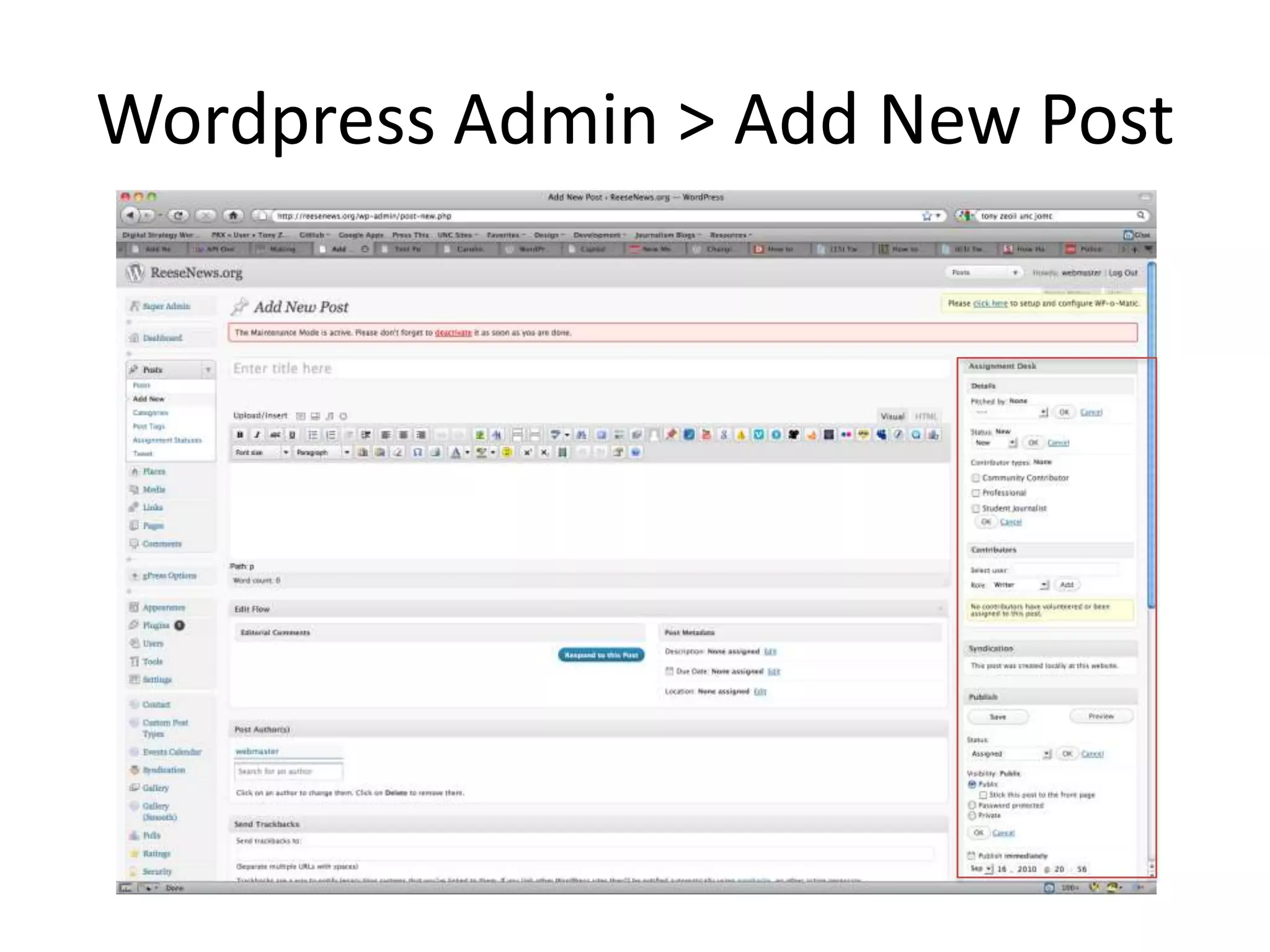 Wordpress Admin > Add New Post