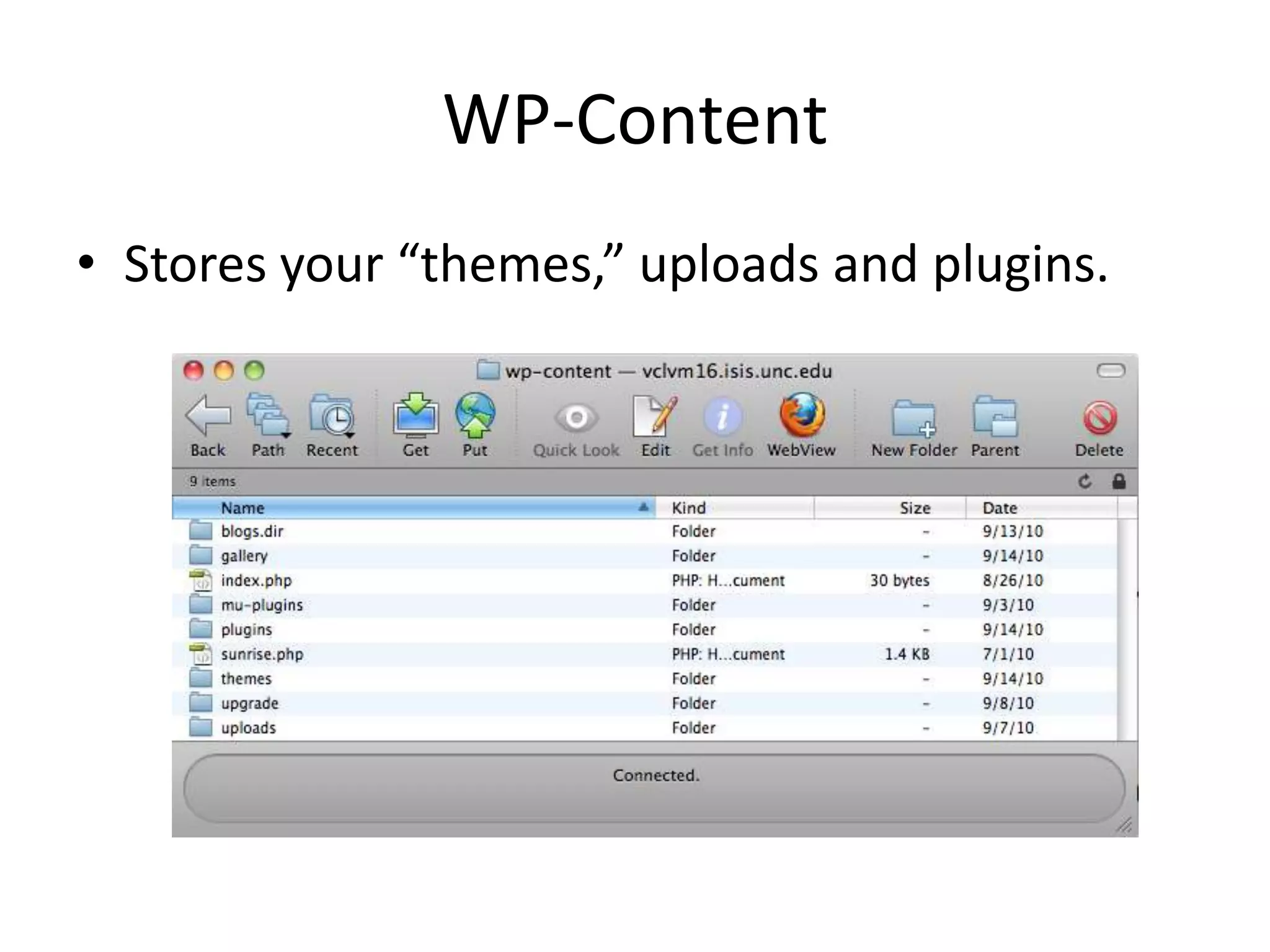 WP-ContentStores your “themes,” uploads and plugins.