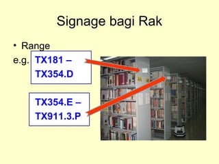 • Range
e.g. TX181 –
TX354.D
TX354.E –
TX911.3.P
Signage bagi Rak
 