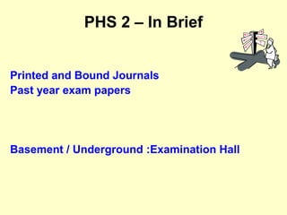 PHS 2 – In Brief
Printed and Bound Journals
Past year exam papers
Basement / Underground :Examination Hall
 