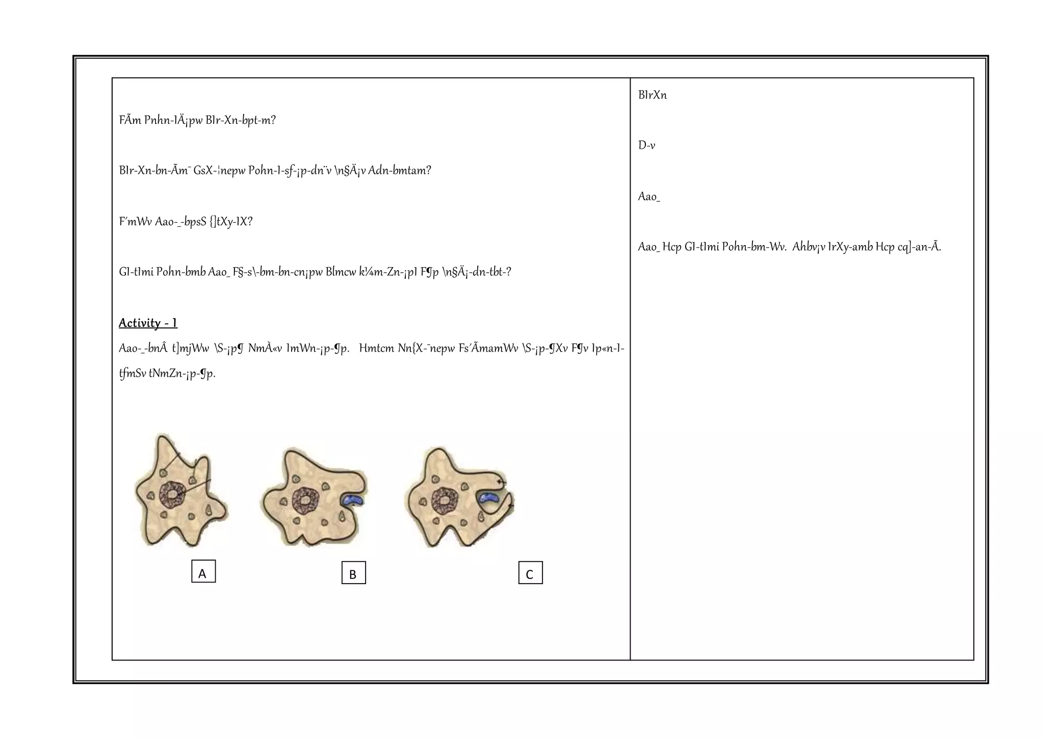 FÃm Pnhn-IÄ¡pw BIr-Xn-bpt­m? 
BIr-Xn-bn-Ãm¯ GsX-¦nepw Pohn-I-sf-¡p-dn¨v n§Ä¡v Adn-bmtam? 
F´mWv Aao-_-bpsS {]tXy-IX? 
GI-tImi Pohn-bmb Aao_ F§-s-bm-bn-cn¡pw Blmcw k¼m-Zn-¡pI F¶p n§Ä¡-dn-tbt­? 
Activity - I 
Aao-_-bnÂ t]mjWw S-¡p¶ NmÀ«v ImWn-¡p-¶p. Hmtcm Nn{X-¯nepw Fs´ÃmamWv S-¡p-¶Xv F¶v Ip«n-I-tfmSv 
tNmZn-¡p-¶p. 
BIrXn 
D­v 
Aao_ 
Aao_ Hcp GI-tImi Pohn-bm-Wv. Ahbv¡v IrXy-amb Hcp cq]-an-Ã. 
A B C 
 