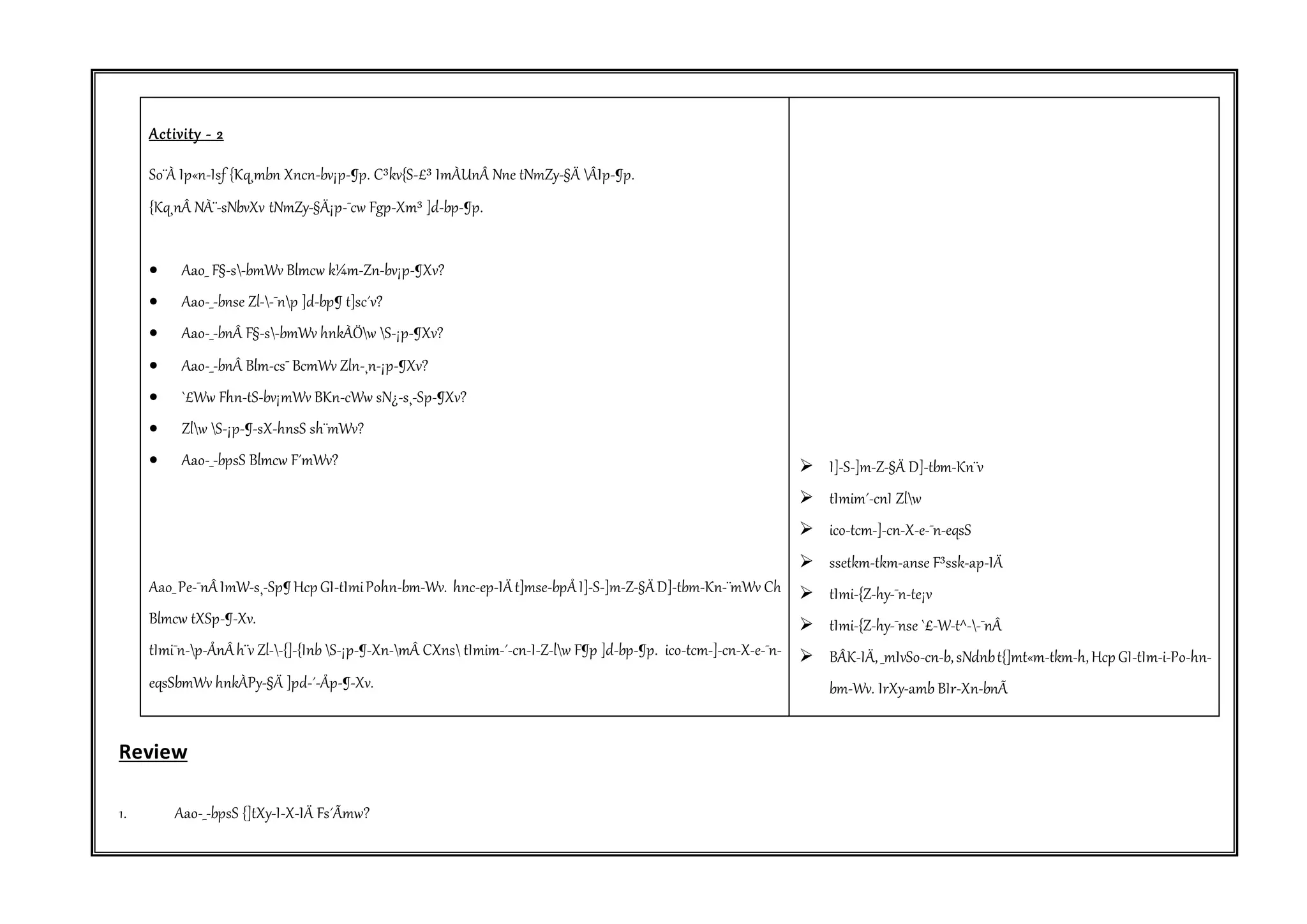 Activity - 2 
So¨À Ip«n-Isf {Kq¸mbn Xncn-bv¡p-¶p. C³kv{S-£³ ImÀUnÂ Nne tNmZy-§Ä ÂIp-¶p. 
{Kq¸nÂ NÀ¨-sNbvXv tNmZy-§Ä¡p-¯cw Fgp-Xm³ ]d-bp-¶p. 
 Aao_ F§-s-bmWv Blmcw k¼m-Zn-bv¡p-¶Xv? 
 Aao-_-bnse Zl--¯np ]d-bp¶ t]sc´v? 
 Aao-_-bnÂ F§-s-bmWv hnkÀÖw S-¡p-¶Xv? 
 Aao-_-bnÂ Blm-cs¯ BcmWv Zln-¸n-¡p-¶Xv? 
 `£Ww Fhn-tS-bv¡mWv BKn-cWw sN¿-s¸-Sp-¶Xv? 
 Zlw S-¡p-¶-sX-hnsS sh¨mWv? 
 Aao-_-bpsS Blmcw F´mWv? 
Aao_ Pe-¯nÂ ImW-s¸-Sp¶ Hcp GI-tImi Pohn-bm-Wv. hnc-ep-IÄ t]mse-bpÅ I]-S-]m-Z-§Ä D]-tbm-Kn-¨mWv Ch 
Blmcw tXSp-¶-Xv. 
tImi¯n-p-ÅnÂ h¨v Zl--{]-{Inb S-¡p-¶-Xn-mÂ CXns tImim-´-cn-I-Z-lw F¶p ]d-bp-¶p. ico-tcm-]-cn-X-e-¯n-eqsSbmWv 
hnkÀPy-§Ä ]pd-´-Åp-¶-Xv. 
 I]-S-]m-Z-§Ä D]-tbm-Kn¨v 
 tImim´-cnI Zlw 
 ico-tcm-]-cn-X-e-¯n-eqsS 
 ssetkm-tkm-anse F³ssk-ap-IÄ 
 tImi-{Z-hy-¯n-te¡v 
 tImi-{Z-hy-¯nse `£-W-t^--¯nÂ 
 BÂK-IÄ, _mIvSo-cn-b, sNdnb t{]mt«m-tkm-h, Hcp GI-tIm-i-Po-hn-bm- 
Wv. IrXy-amb BIr-Xn-bnÃ 
Review 
1. Aao-_-bpsS {]tXy-I-X-IÄ Fs´Ãmw? 
 