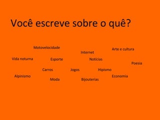 Você escreve sobre o quê?

               Motovelocidade                                  Arte e cultura
                                          Internet
Vida noturna            Esporte                Notícias
                                                                           Poesia
                   Carros         Jogos              Hipismo
 Alpinismo                                                     Economia
                       Moda               Bijouterias
 