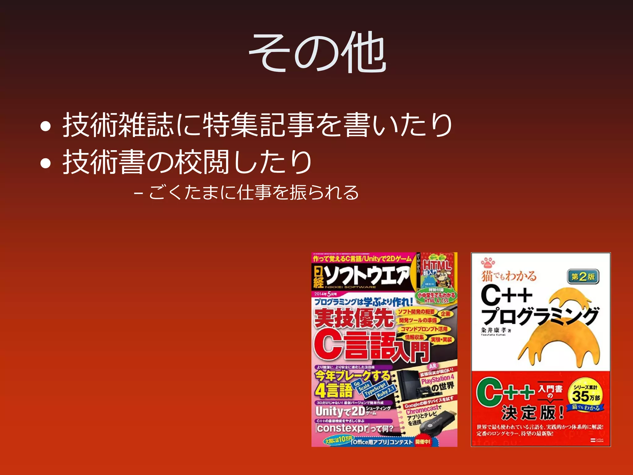 その他
• 技術雑誌に特集記事を書いたり
• 技術書の校閲したり
– ごくたまに仕事を振られる
 