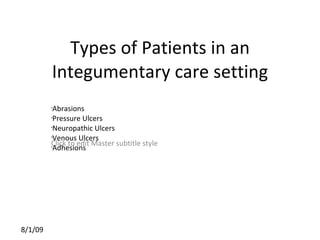 Types of Patients in an Integumentary care setting ,[object Object],[object Object],[object Object],[object Object],[object Object]