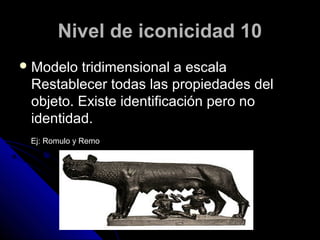 Nivel de iconicidad 10
 Modelo tridimensional a escala
 Restablecer todas las propiedades del
 objeto. Existe identificación pero no
 identidad.
 Ej: Romulo y Remo
 