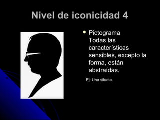 Nivel de iconicidad 4
            Pictograma
             Todas las
             características
             sensibles, excepto la
             forma, están
             abstraídas.
            Ej: Una silueta.
 