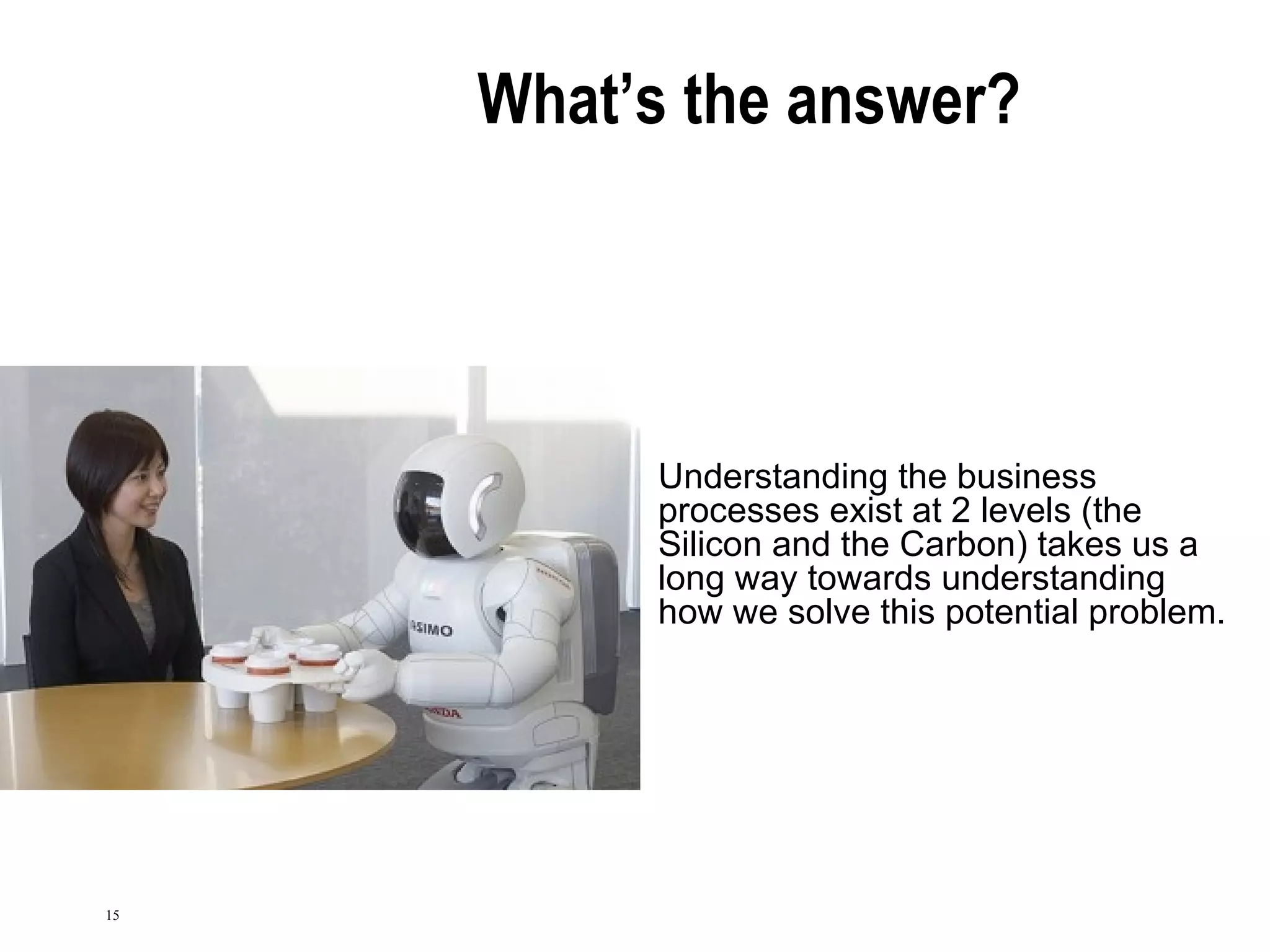 What’s the answer? Understanding the business processes exist at 2 levels (the Silicon and the Carbon) takes us a long way towards understanding how we solve this potential problem.  