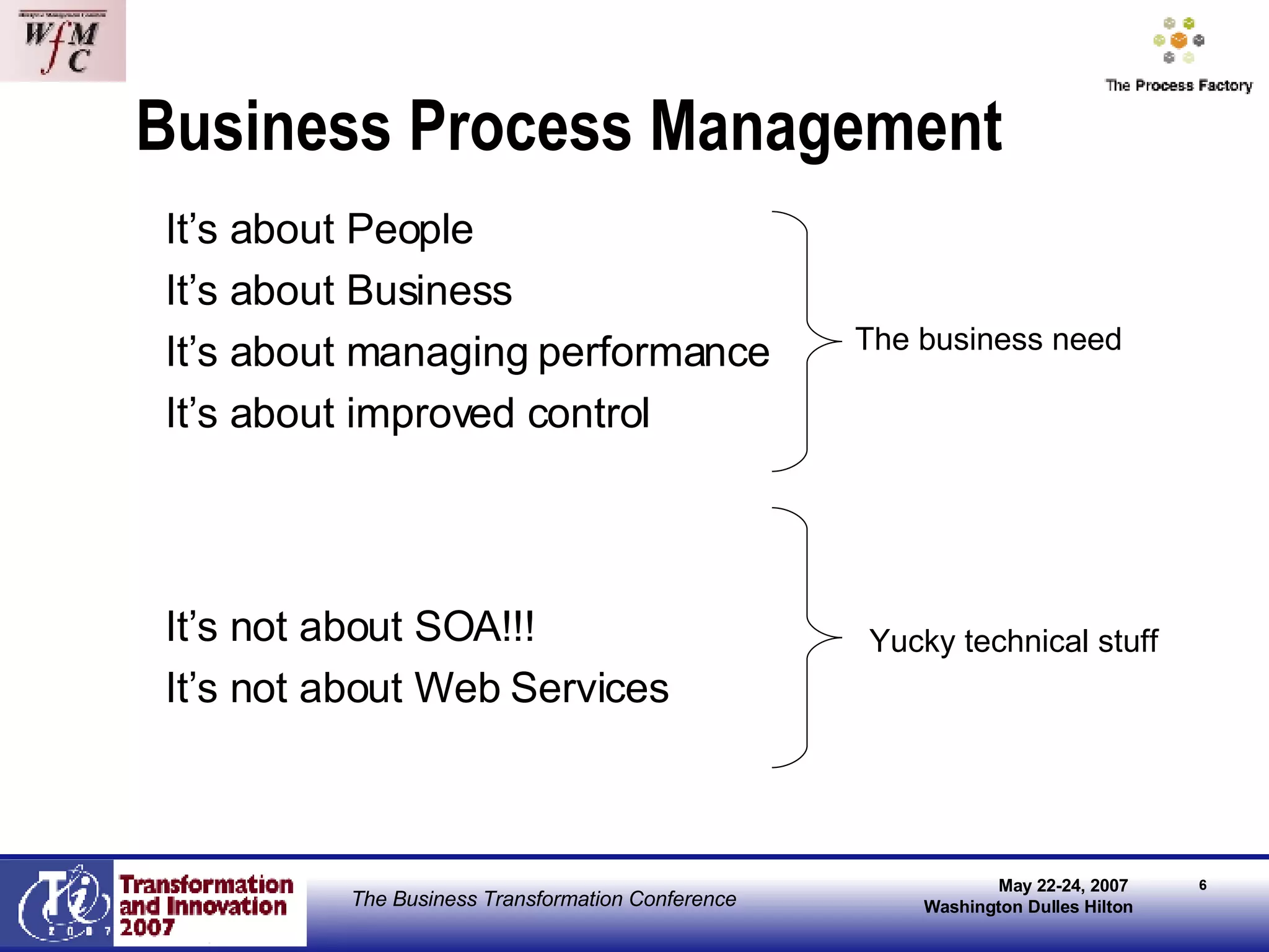 Business Process Management It’s about People It’s about Business It’s about managing performance It’s about improved control It’s not about SOA!!! It’s not about Web Services Yucky technical stuff The business need 