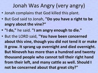 Jonah Was Angry (very angry)
• Jonah complains that God killed this plant.
• But God said to Jonah, "Do you have a right to be
angry about the vine?“
• "I do," he said. "I am angry enough to die."
• But the LORD said, "You have been concerned
about this vine, though you did not tend it or make
it grow. It sprang up overnight and died overnight.
But Nineveh has more than a hundred and twenty
thousand people who cannot tell their right hand
from their left, and many cattle as well. Should I
not be concerned about that great city?"
 