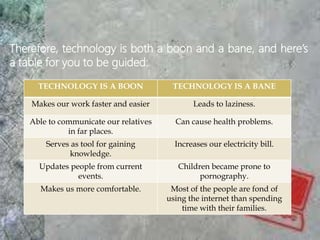 Therefore, technology is both a boon and a bane, and here’s
a table for you to be guided:
TECHNOLOGY IS A BOON TECHNOLOGY IS A BANE
Makes our work faster and easier Leads to laziness.
Able to communicate our relatives
in far places.
Can cause health problems.
Serves as tool for gaining
knowledge.
Increases our electricity bill.
Updates people from current
events.
Children became prone to
pornography.
Makes us more comfortable. Most of the people are fond of
using the internet than spending
time with their families.
 