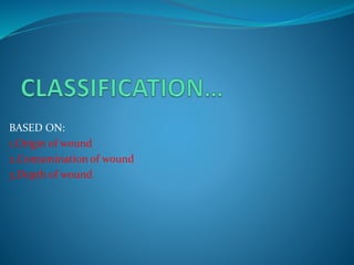 BASED ON:
1.Origin of wound
2.Contamination of wound
3.Depth of wound
 