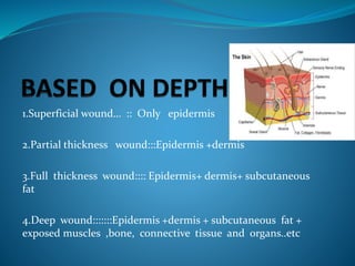 1.Superficial wound… :: Only epidermis
2.Partial thickness wound:::Epidermis +dermis
3.Full thickness wound:::: Epidermis+ dermis+ subcutaneous
fat
4.Deep wound:::::::Epidermis +dermis + subcutaneous fat +
exposed muscles ,bone, connective tissue and organs..etc
 