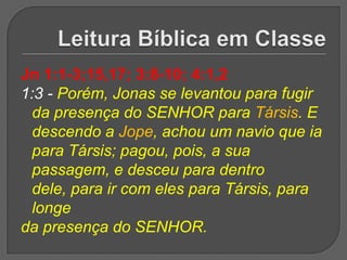 Jn 1:1-3;15,17; 3:8-10; 4:1,2
1:3 - Porém, Jonas se levantou para fugir
  da presença do SENHOR para Társis. E
  descendo a Jope, achou um navio que ia
  para Társis; pagou, pois, a sua
  passagem, e desceu para dentro
  dele, para ir com eles para Társis, para
  longe
da presença do SENHOR.
 