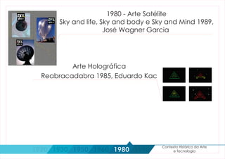 Sky and life, Sky and body e Sky and Mind 1989,
José Wagner Garcia
1980 - Arte Satélite
Reabracadabra 1985, Eduardo Kac
Arte Holográfica
1990
Contexto Histórico da Arte
e Tecnologia1920 1930 1950 1960 1980
 