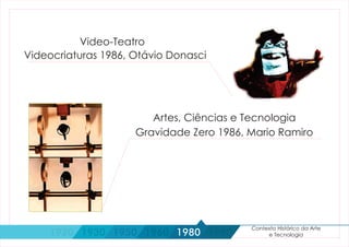 1990
Contexto Histórico da Arte
e Tecnologia1920 1930 1950 1960 1980
Gravidade Zero 1986, Mario Ramiro
Artes, Ciências e Tecnologia
Videocriaturas 1986, Otávio Donasci
Video-Teatro
 