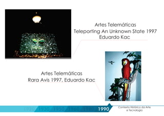 Rara Avis 1997, Eduardo Kac
Artes Telemáticas
1990
Contexto Histórico da Arte
e Tecnologia1920 1930 1950 1960 1980
Teleporting An Unknown State 1997
Eduardo Kac
Artes Telemáticas
 